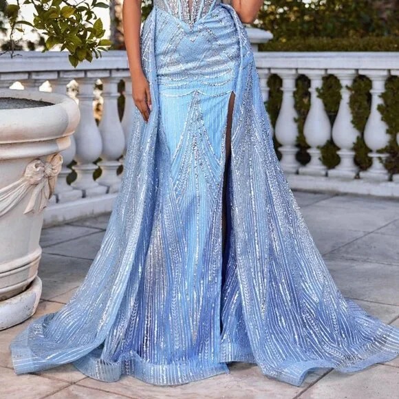 New Strapless Sequins Embellished Prom Dress w/ Removable Overskirt CD CM384